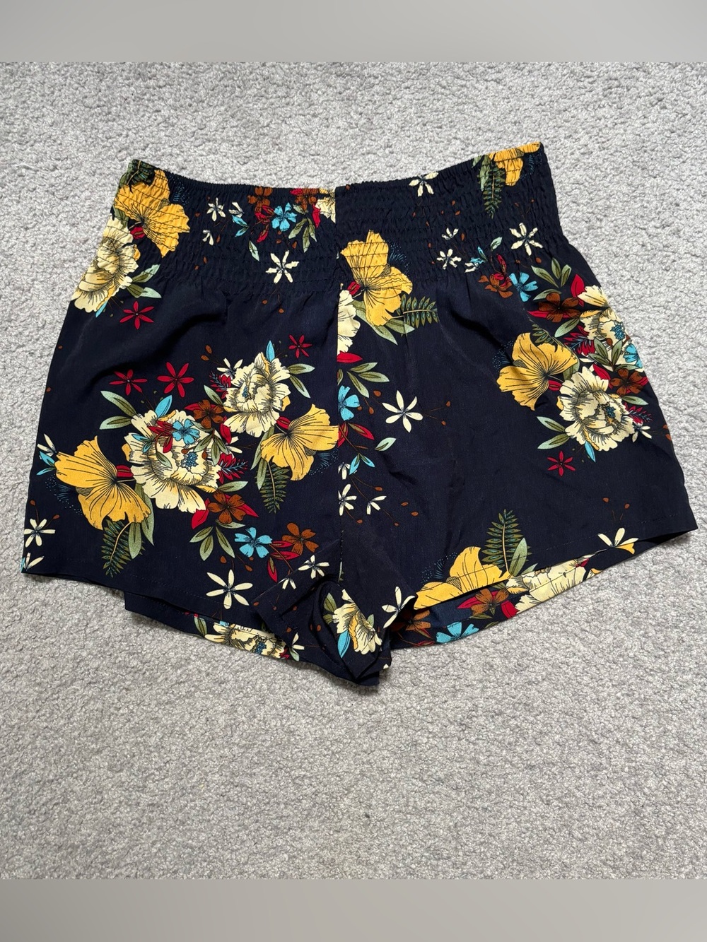 SHEIN Navy Floral High-Waist Smocked Shorts